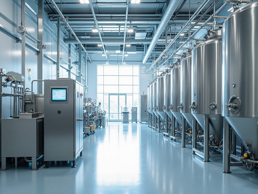 现代化食品加工车间内部，不锈钢设备整齐排列，员工正在操作机器，明亮清洁环境