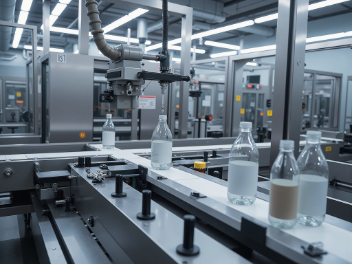 产品包装流水线场景，自动化设备运行中，包装好的产品整齐排列，整洁工业环境