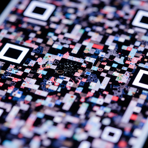 大型小程序二维码，黑色边框正方形图案，白色背景，中心有购物车图标，周围环绕橙色圆形装饰点