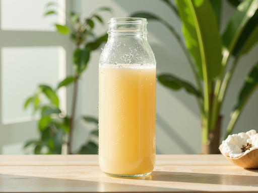 新鲜水果饮料特写，透明玻璃瓶装，橙黄色液体，瓶身有水珠，绿色叶子装饰，明亮自然光拍摄