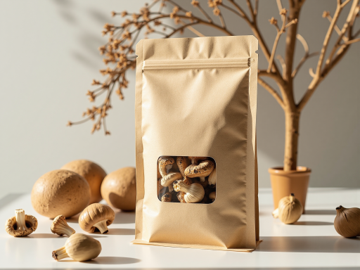 健康零食包装展示，透明塑料袋装，内含混合坚果干果，标签显示有机认证标志，浅色背景