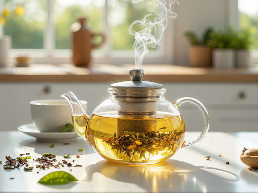 茶饮冲泡过程展示，透明玻璃壶装茶叶，热水冲泡瞬间，蒸汽上升，木质桌面背景