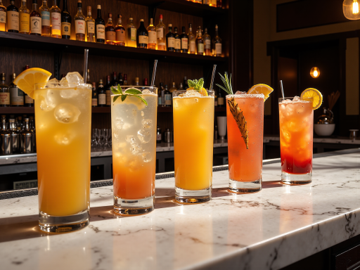 特色饮品摆拍，彩色玻璃杯装，多种颜色饮品并列，冰块漂浮，柠檬片装饰，明亮餐厅环境